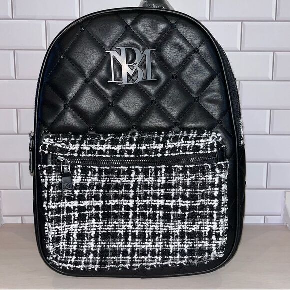 Badgley Mischka Vegan Leather Mini Backpack Quilted with Studs Tweed Fabric NEW main image 11